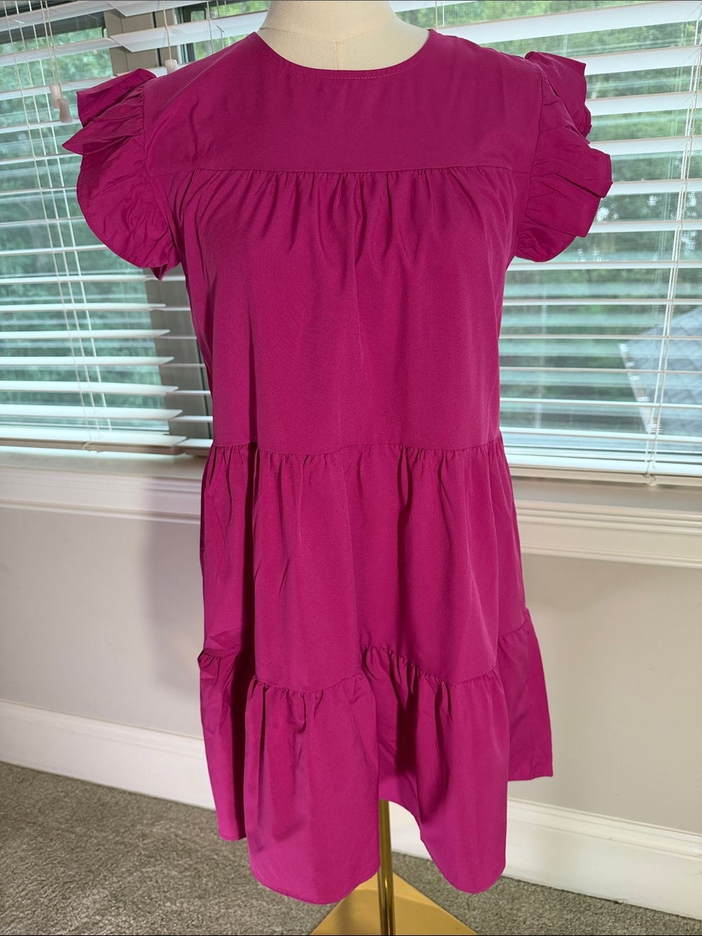 Source Unknown Magenta Tiered Midi Dress with Ruffle Sleeves